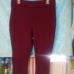 Burgundy "corduroy-like" stretch pants.